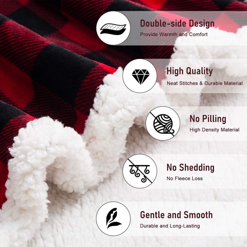 BEAUTEX Christmas Sherpa Fleece Throw Blanket, Super Soft Warm Buffalo Plaid Plush Blankets and Throws, Warm Winter Cozy Fuzzy Blanket for Couch Sofa Bed (Red, 50" x 60") - Image 3